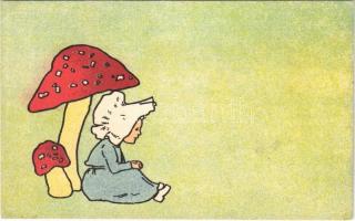 Girl with mushroom. Children art postcard. B.K.W.I. 2602-1.