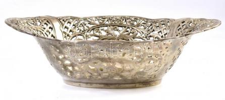 Díszes, áttört historizáló stílusú fém kínáló tál, apró kopásnyomokkal, m: 5,5 cm, 17×21 cm