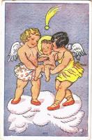 Vianocny a novorocny pozdrav! / Children art postcard with Christmas and New Year greeting, angels. Minerva 740-3. s: M. Fischerová-Kvechová (EK)
