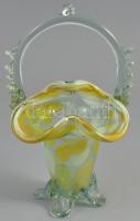 Kosár formájú, anyagában színezett sárga-fehér üveg kínáló, apró kopásnyomokkal, m: 22 cm