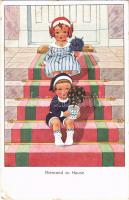 Niemand zu Hause / Children art postcard, girls with flowers. S.&G.S.i.B. Nr. 1492. (EK)