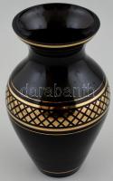 Fekete üveg váza, arany színű mintával, kopásnyomokkal, m: 24,5 cm