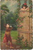 Children art postcard, romantic couple. litho (non PC) (lyuk / pinhole)