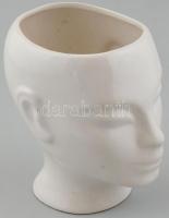 Női fej formájú kerámia kaspó vagy váza, fehér mázas, jelzés nélkül, repedéssel, kopásnyomokkal, m: 19 cm, d: 12x14 cm