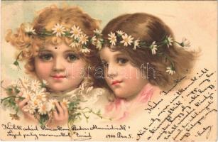 1900 Children art postcard, girls. litho