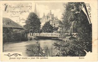 1905 Kassa, Kosice; Hernád folyó részlet a Jakab féle palotával. Divald Károly 807. / Horn river and bridge, palace