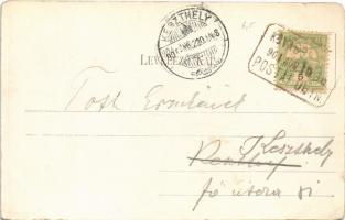 1905 Kovácspatak, Kovacov; nyaralók a parton, vasútállomás vagonokkal. Grószner B. kiadása / villas,...