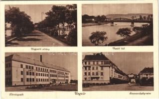 Ungvár, Uzshorod, Uzhhorod, Uzhorod; Ung-parti sétány, vasúti híd, törvényszék, Szamovolszky utca / Uzh riverside, promenade, railway bridge, court, street view