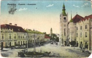 1919 Munkács, Mukacheve, Mukacevo; Árpád tér, Városháza, Klein Hugo üzlete / square, town hall, shops (EM)