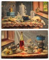 Benedikt Hubert (?-?), 2 db mű: Asztali csendélet Franck kávéval és csendélet citrommal, 1911. Olaj, fa. Jelzett a hátoldalán. 15,5×26 cm