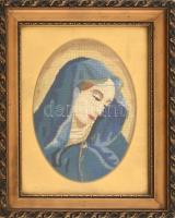 Üvegezett, dekoratív, kissé sérült képkeret Máriát ábrázoló gobelinnel és aranyszínű paszpartuval, látható méret: 22,8x17,4 cm