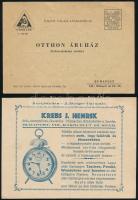 1936 Krebs J. Henrik órás, aranyműves, ékszerész illusztrált reklám szórólap, hátoldalán jegyzék, hajtásnyommal + 1962 Otthon Áruház, Bp., üzleti megrendelő levelezőlap, apró szakadással