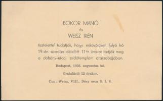 1936 Meghívó Bokor Manó és Weisz Irén esküvőjére, a Dohány utcai zsinagógába