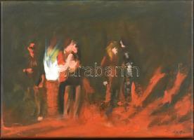 Lajta Gábor (1955): Tűz körül III.2001. Olaj, vászon,. Jelzett, keretben. 27 x 37 cm