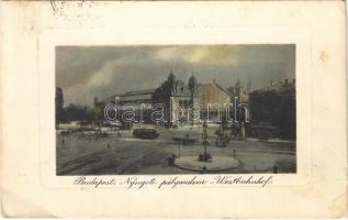 1911 Budapest VI. Nyugati pályaudvar, vasútállomás, villamos (ázott sarkak / wet corners)