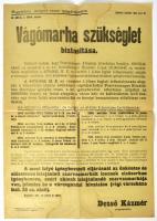 1944 Nagykőrös, plakát vágómarha szükséglet biztosításáról, kissé foltos, hajtásnyomokkal, lapszéli apró szakadásokkal, 59x43 cm