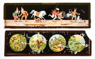 cca XIX. sz. vége Laterna magica üveg lapok, 7 db, rajta: mesékből vett jelentekkel ,kétféle méretbe...