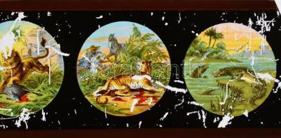 cca XIX. sz. vége Laterna magica üveg lapok, 7 db, rajta: mesékből vett jelentekkel ,kétféle méretbe...