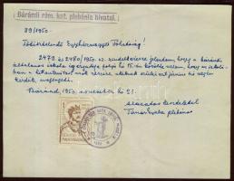 1950 Bárándi plébánia hivatal levele 1 Ft adománybélyeggel
