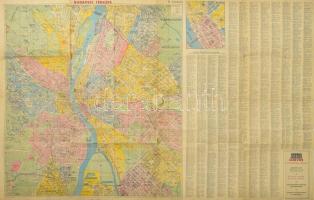 cca 1931-40 Budapest térkép utcajegyzékkel, III, kiadás, Közlekedési nyomda, Corvin Áruház reklámmal, térkép méret: 58x52,5 cm, teljes méret: 49x81 cm, szakadásokkal, javításokkal