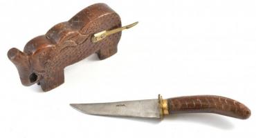 Elefántos kés. Faragott fa, elefántos tokkal. 23 cm
