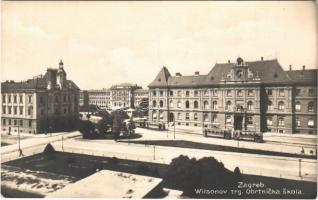 Zagreb, Zágráb; Wilsonow trg., Obrtnicka skola / square, school, trams