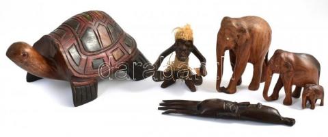 Vegyes fa szobrok, figurák. keleti, faragott keményfa darabok, afrikaiak. Teknős 32x15 cm, elefántok (agyar hiány, 16 cm