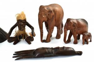 Vegyes fa szobrok, figurák. keleti, faragott keményfa darabok, afrikaiak. Teknős 32x15 cm, elefántok...