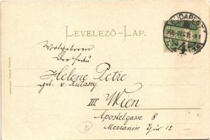 1906 Budapest, Lánchíd pesti hídfője, vámházak, omnibusz Odol reklámmal. Taussig Arthur 54560.  (EK)