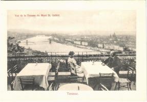 Budapest XI. Gellérthegyi kioszk terasza, kilátás (képeslapfüzetből / from postcard booklet)