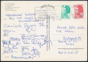 1986 PVSK (Pécsi VSK) öregfiú-kosárlabdázói aláírásai levelezőlapon Szemők Béla (1930-2016) MÁV vezérigazgatóhelyettesnek, Vasutas Szakszervezet titkárának, 1985-1993 között a BVSC elnökének küldött képeslapon