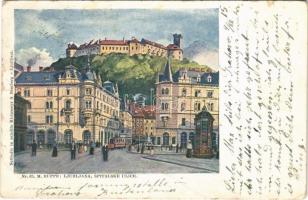 1915 Ljubljana, Laibach; Spitalske ulice / street view, tram, castle s: M. Ruppe (EB)
