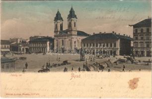 1903 Arad, Tököly tér, templom, Hoffmann József, ifj. Löwy Ármin, Schwarz R., Goszif Miklós üzlete, piac / square, shops, market