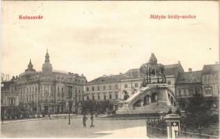 1911 Kolozsvár, Cluj; Mátyás király szobor, Gross Károly üzlete. Fuhrmann Miklós kiadása / statue, square, shops