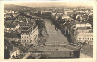 1940 Nagyvárad, Oradea; híd, zsinagóga, Stofe Deutsch reklám a tetőn, vendéglő, üzletek / bridge, synagogue, shops, restaurant. photo + TÁBORI POSTAHIVATAL 64. ELLENŐRIZVE