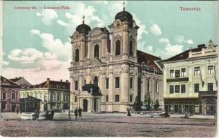 Temesvár, Timisoara; Losonczy tér, templom, Délmagyarországi gazdasági bank, Holz Eberhard üzlete. Tóth Béla kiadása / square, church, shops, bank