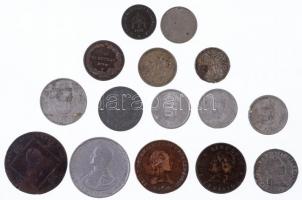 15db klf magyar és külföldi fémpénz, közte 1800B 6kr Cu + 1835B 20kr Sn hamisítványa + Argentína 189...