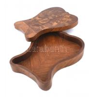 Fa díszdoboz figurális intarziával, alja sérült és hiányos, fedele kissé sérült, 7x28x25 cm