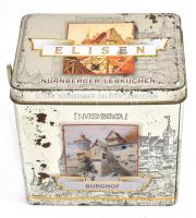 Elisen Lebkuchen zenélő bádogdoboz, kopott, működik 12x9x12 cm + zeneszerkezet, működik