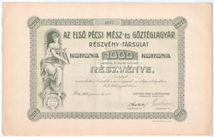 Pécs 1914. Az Első Pécsi Mész- és Gőztéglagyár Részvény-Társulat részvénye 1000K-ról szelvényekkel T:II