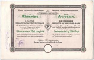 Budapest 1926. Magyar Leszámitoló- és Pénzváltó-Bank 5 részvénye egyben, összesen 250P-ről, szelvényekkel, szárazpecséttel, bélyegzésekkel T:II