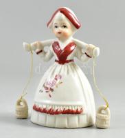 Porcelán vízhordó lány, porcelán vödrökkel, részben kézzel festett, jelzés nélkül, repedéssel a szoknya felső részén, m: 13,5 cm