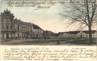 1902 Verőce, Virovitica; Trg bana Jelacica / square / tér + SZALVON-VERŐCE VIROVITICA kétnyelvű bélyegzés / bilingual cancellation