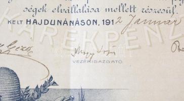 Hajdunánás 1912. "Hajdunánási Takarékpénztár" részvénye 200K-ról szárazpecséttel, 1db szel...