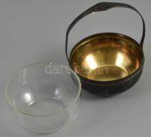 Füles alpakka kínáló, üveg betéttel d: 9 cm, m : 12 cm