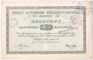 Budapest 1921. Király Automobil Részvénytársaság részvénye 200K-ról szelvényekkel, szárazpecséttel, felülbélyegzésekkel T:II