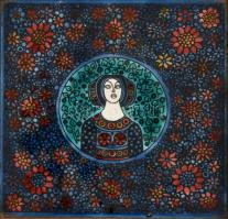 Vén Edit (1937-): Lány a virágok között. Zománcfestett csempe. Jelzett. 15x15 cm Keretben