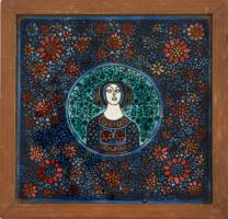 Vén Edit (1937-): Lány a virágok között. Zománcfestett csempe. Jelzett. 15x15 cm Keretben