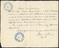 1912 Judaika témájú irat a Rákosligeti izr. fiók-hitközség pecsétjével