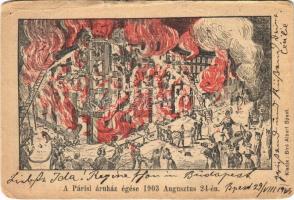 1903 Budapest VI. Párisi Nagy Áruház égése 1903. augusztus 24-én, tűzvész, tűzoltószerek. Biró Albert kiadása (b)